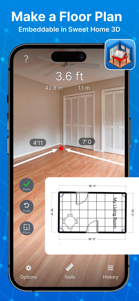 AR floor plan creator within the Tape Measure app showing 2D layout and 3D measurements