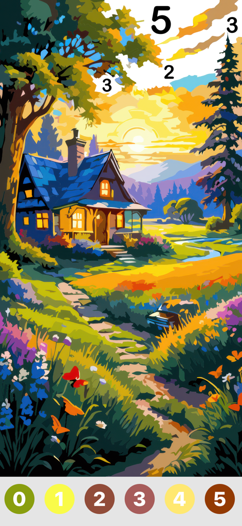 Oil Painting : Color By Number - A landscape coloring page of a cottage at sunset in the Oil Painting Color By Number app