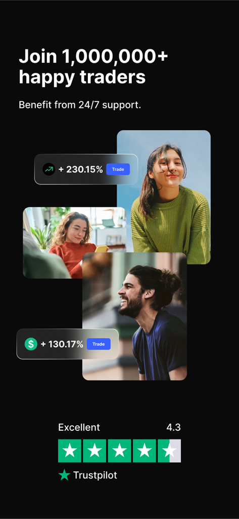 PrimeXBT App-Werbung mit 1 Million zufriedenen Tradern und einer ausgezeichneten Trustpilot-Bewertung