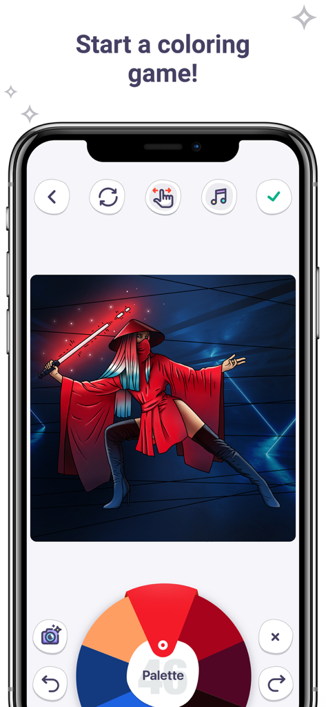 Interfaccia dell'app di colorazione digitale che mostra un personaggio guerriero e una ruota della tavolozza dei colori sullo schermo di un cellulare