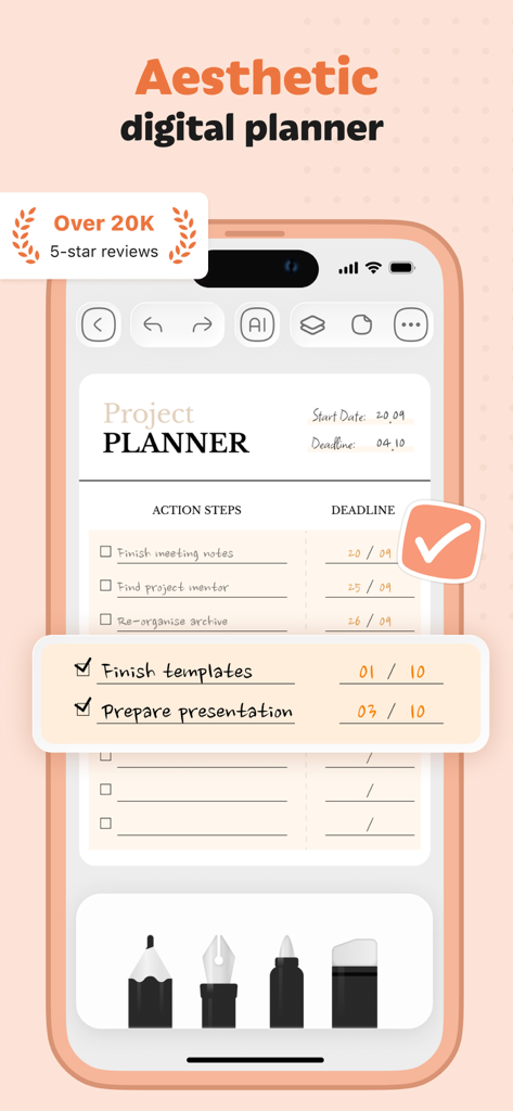 Smartphone screen showing the aesthetic digital planner app with a project task list and digital writing tools