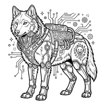 Step into a digital wilderness with this incredible Cyberpunk Gray Wolf coloring page. Experience the thrilling fusion of nature's majesty and futuristic technology in intricate line art.