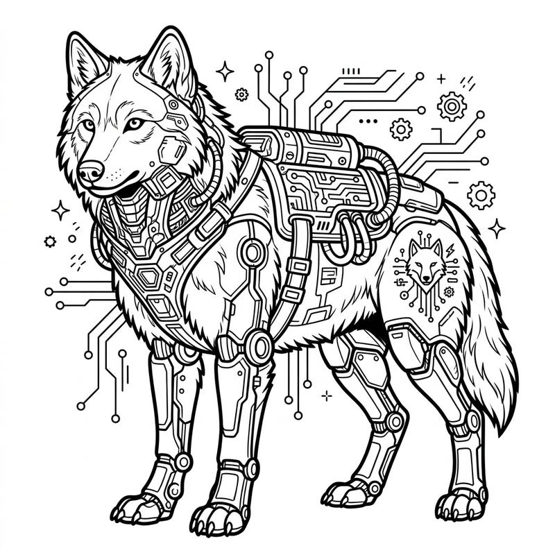 Step into a digital wilderness with this incredible Cyberpunk Gray Wolf coloring page. Experience the thrilling fusion of nature's majesty and futuristic technology in intricate line art.