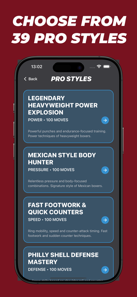 Interface of the SparPad shadow boxing app showing various professional training styles including heavyweight power and Mexican style body hunter