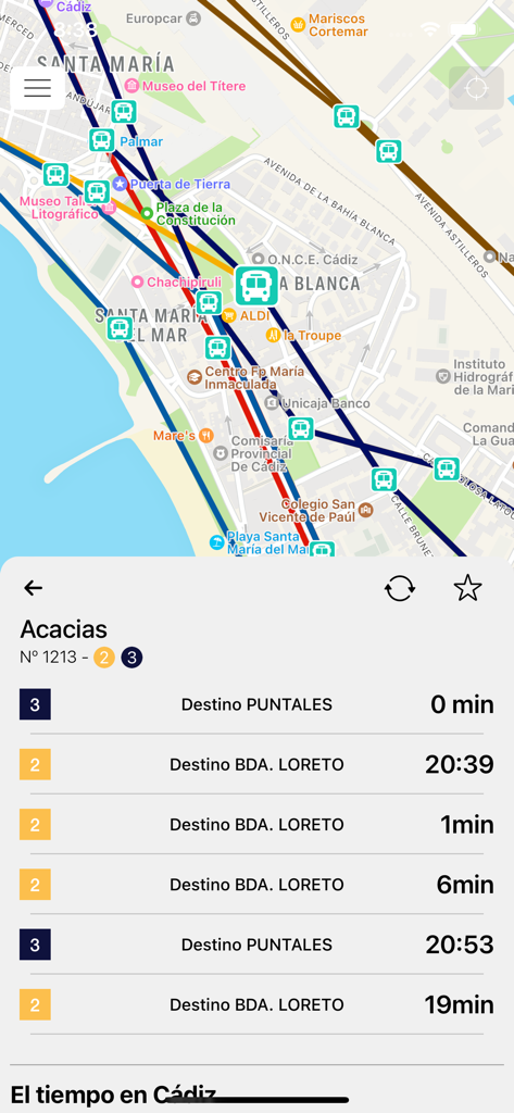 Bus Cádiz - Tiempos de llegada de autobuses en tiempo real e interfaz de mapa de tránsito para la aplicación Bus Cadiz