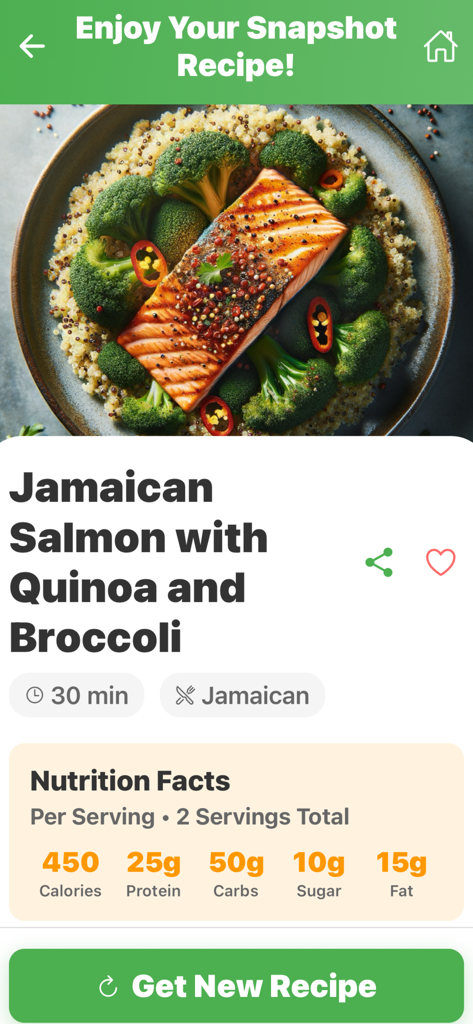 Detalles de la receta de Salmón a la Jamaiquino mostrando datos nutricionales y tiempo de cocción en la aplicación Recetas Instantáneas