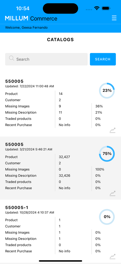 Millum Commerce app interface displaying product catalogs and status metrics