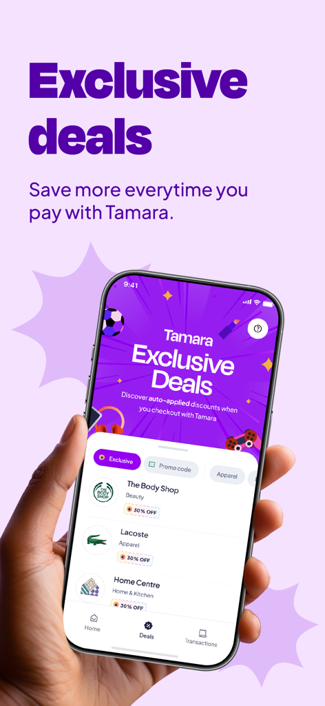 A hand holding a smartphone showing exclusive shopping deals and discounts in the Tamara app.