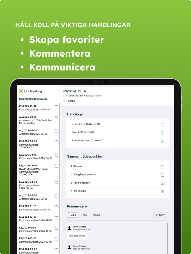 Interfaz de la aplicación Nya Lexmeeting en iPad que muestra puntos de la agenda de documentos de reunión y comentarios del usuario.