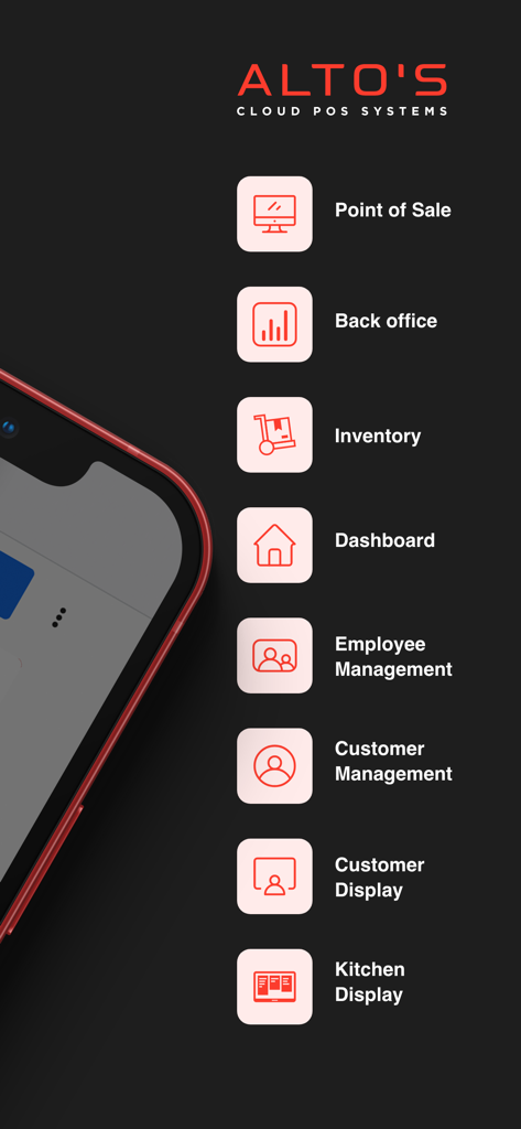 Alto’s POS & Inventory System - Liste des fonctionnalités du système de Point de Vente et de Gestion des Stocks Alto’s incluant la gestion des stocks au point de vente et l'affichage en cuisine