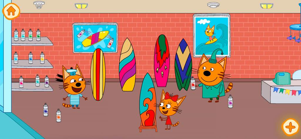 Kid-E-Cats: Shopping Centre - Three Kid-E-Cats characters in a colorful store customizing surfboards with spray paint.