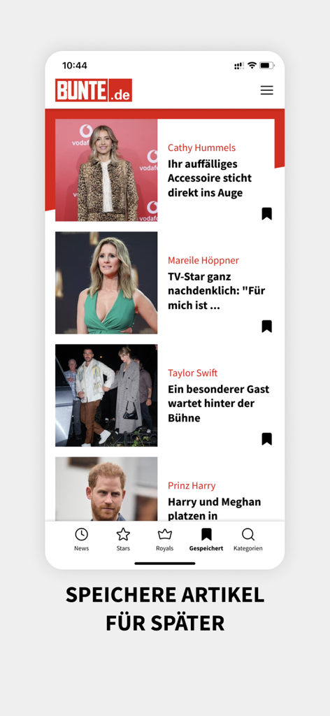 Interfaccia dell'app mobile BUNTE.de che mostra il feed di notizie e la funzionalità Salva per dopo