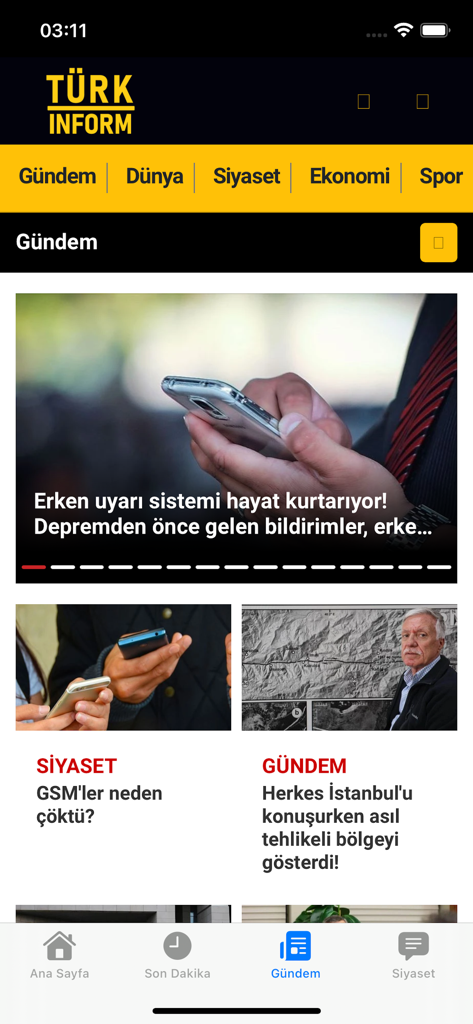 TURKINFORM - TURKINFORM mobile news app interface showing Turkish news headlines and categories
