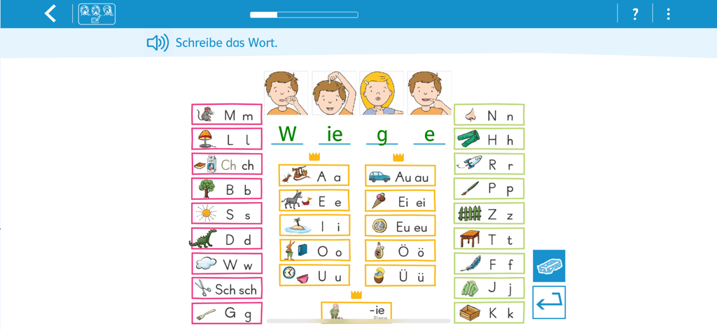 Interface do aplicativo de alfabetização em alemão mostrando uma mesa de escrita com letras, imagens fonéticas e gestos de mão para exercícios de ortografia.