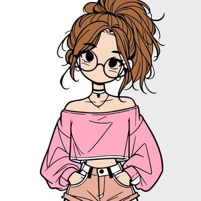 girl with a messy ponytail glasses a baggy crop top and jean shorts