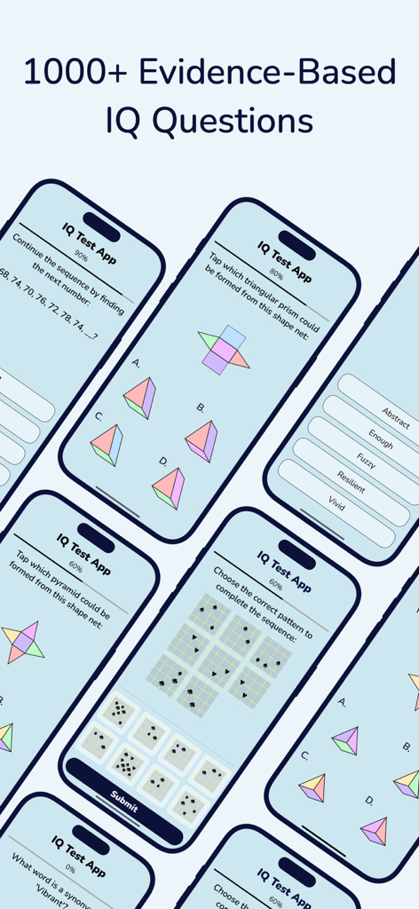 IQ Test - Aptitude Test - Multiple iPhone screens displaying various evidence-based IQ and aptitude test questions like spatial reasoning and pattern completion