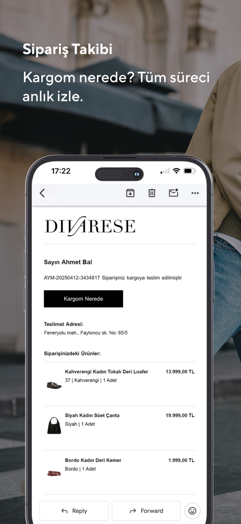 Divarese app screen displaying order tracking information and a summary of purchased leather shoes and accessories