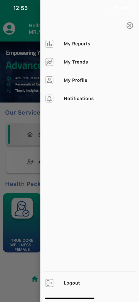 Aster Labs app side navigation menu with health reports and profile settings
