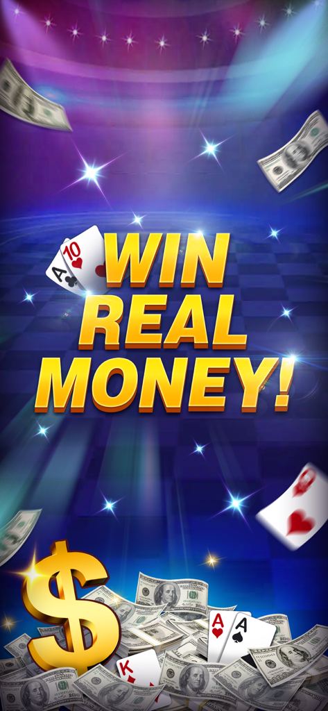 Texas Cash - Win Real Money - Promotional screen for Texas Cash app with text Win Real Money featuring poker cards and stacks of cash