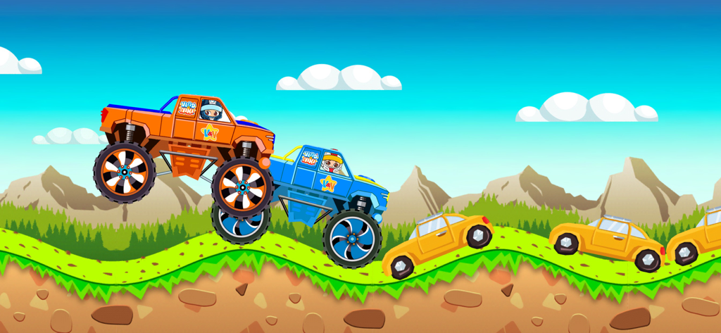 Vlad und Niki fahren orange und blaue Monster Trucks über Hindernisse in einem Cartoon-Rennspiel