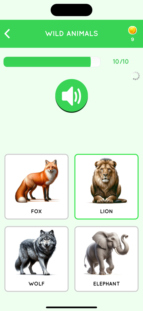 English vocabulary game for wild animals featuring a fox, lion, wolf, and elephant with audio support