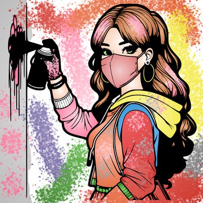 realistic girl with mask spray painting a wall