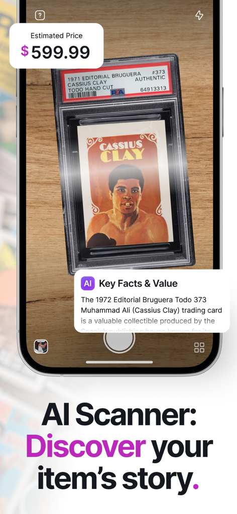 Aplicativo de smartphone usando IA para escanear e avaliar uma carta de negociação vintage de Cassius Clay, mostrando um preço estimado de 599,99 dólares