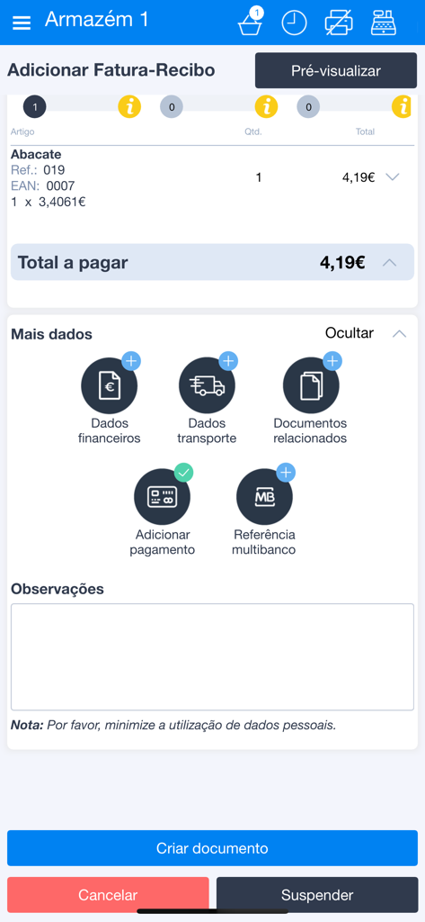 Interface móvel de ponto de venda na app Moloni Sales para criar uma fatura e recibo.