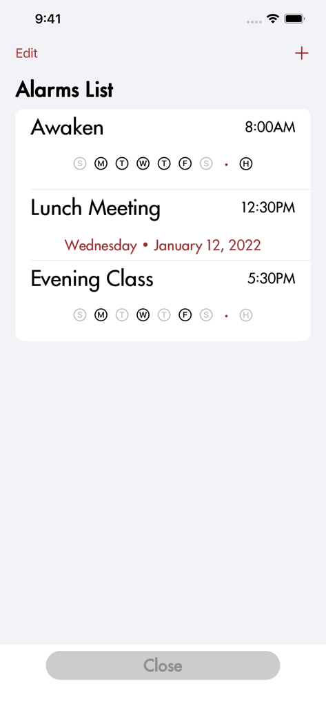 A minimalist list of scheduled alarms in the Alarum app interface.