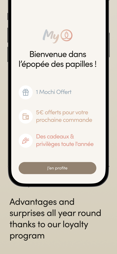 Sushi Shop, livraison de repas - Écran du programme de fidélité de l'application Sushi Shop affichant des récompenses telles que des mochis gratuits et des bons de réduction.