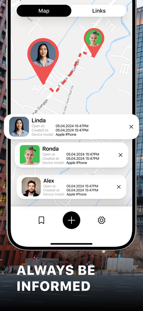 Geo Tug: GPS Track Location - Geo Tug app interface showing real-time GPS location of family and friends on a map.