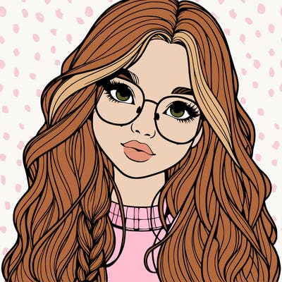 girl with long hair and freckles and glasses realistic