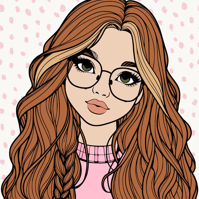 girl with long hair and freckles and glasses realistic