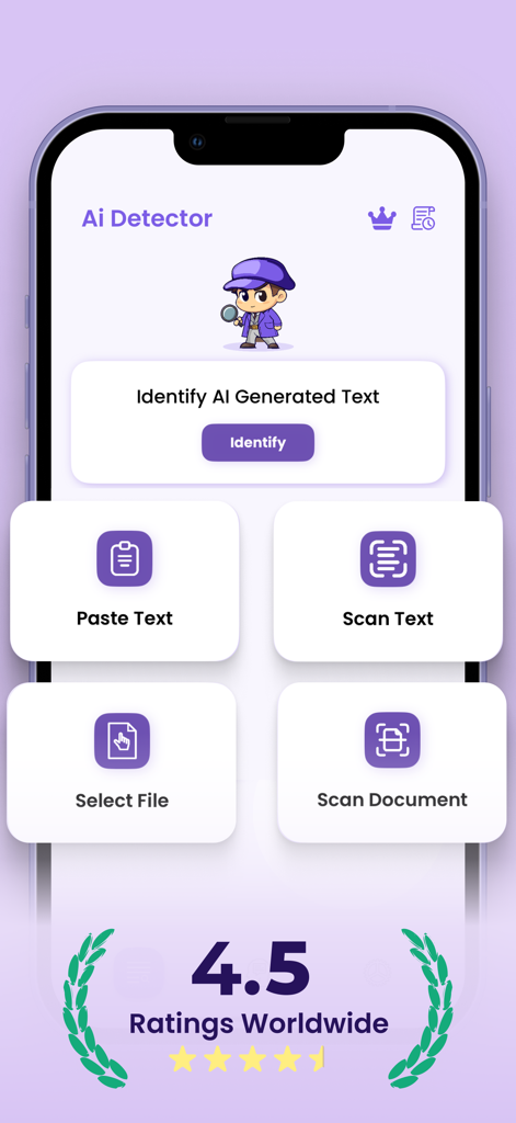 Schermata principale dell'app AI Detector e Humanizer con strumenti per identificare testi AI e scansionare documenti