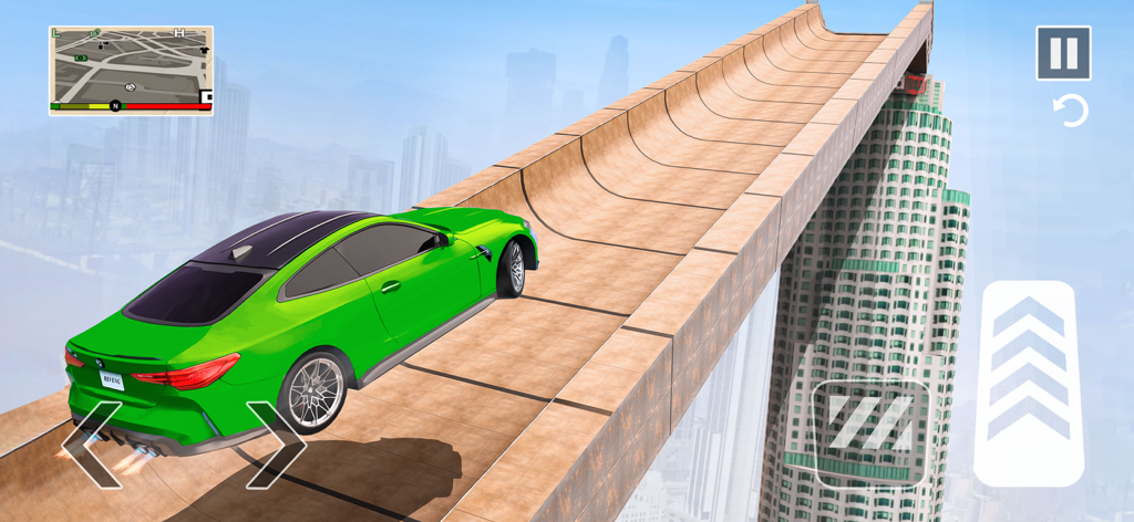 Drive Real Car Games - A bright green sports car performing a high-altitude stunt on a narrow ramp above a city skyline.