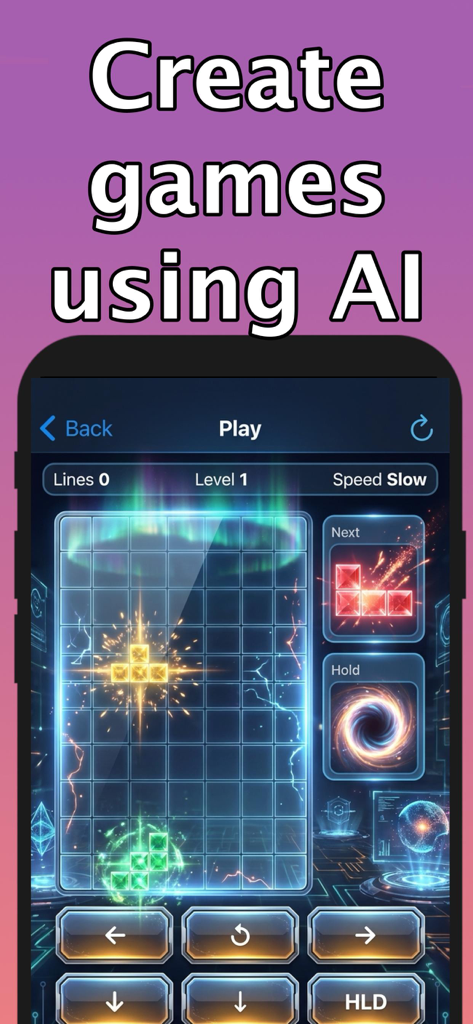 Tela de celular mostrando um jogo de quebra-cabeça neon criado com inteligência artificial