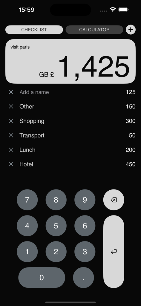 Checklist Pro: Expense Tracker - A visualização da calculadora no aplicativo Checklist Pro exibindo uma lista de orçamento para uma viagem a Paris.