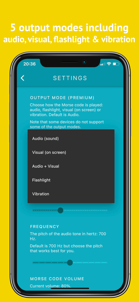 Morse Mania: Learn Morse Code - Morse Mania app settings screen showing options for audio visual flashlight and vibration output modes