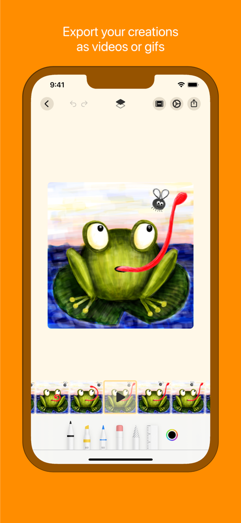 FlipKit app interface showing a hand-drawn frog animation with options to export as video or GIF