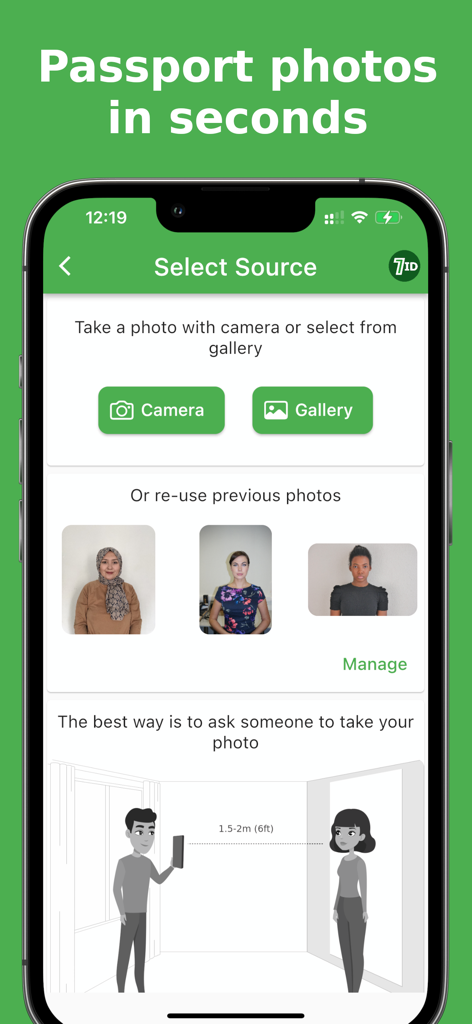 7ID: passport photos - Interface of 7ID app showing options to take a new passport photo or select one from the gallery