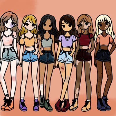 a group of girls wearing crop tops and shorts