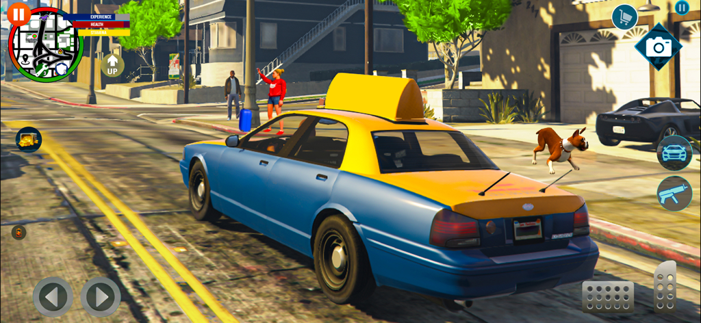 Taxi Sim : Driving Games 2023 - Captura de pantalla de un taxi azul y amarillo en un entorno urbano 3D de Taxi Sim Driving Games.