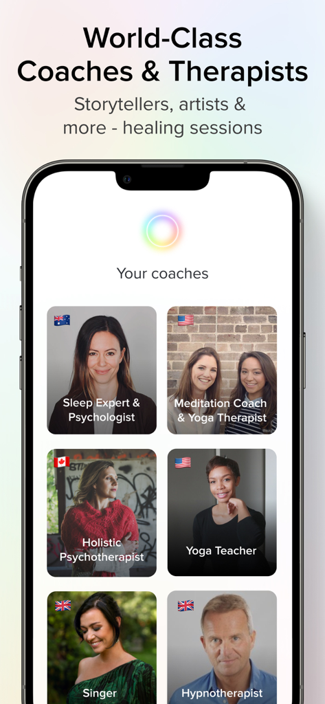 Aura app screen showcasing various world-class coaches and therapists for mental wellness