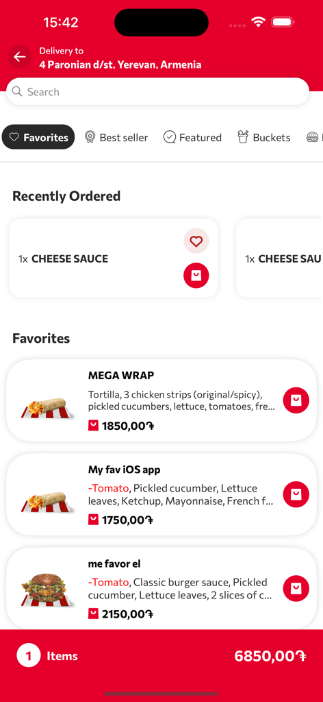 KFC Armenia: Order food online - KFC Armenia mobile app showing the favorites menu with a Mega Wrap and burger listed for ordering