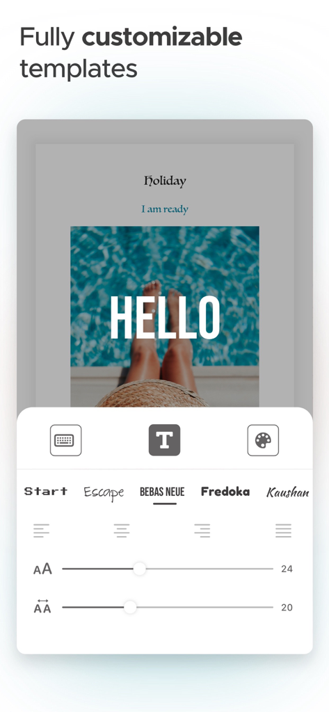 Oberfläche der Tuval-App, die voll anpassbare Textbearbeitungswerkzeuge für Social-Media-Vorlagen anzeigt.