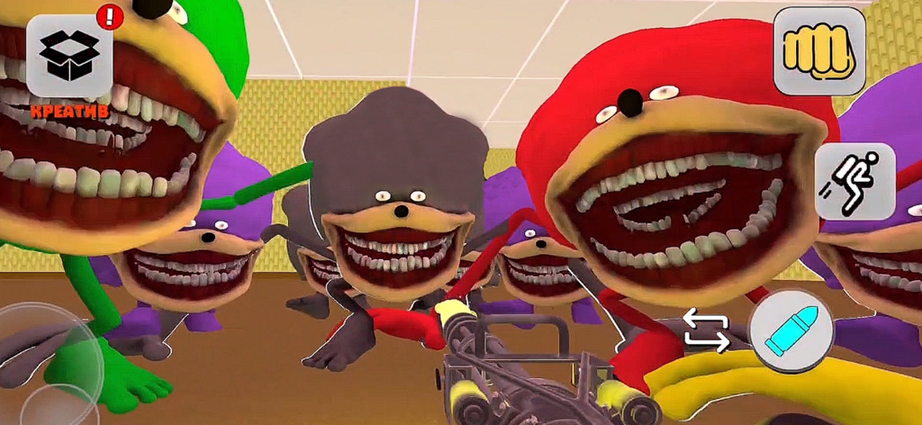 First person perspective battle against colorful meme monsters in a 3D sandbox playground