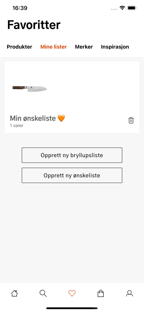 Kitch'n - Schermata dell'app mobile Kitch'n che mostra la sezione dei preferiti con opzioni per creare liste dei desideri e liste nozze.