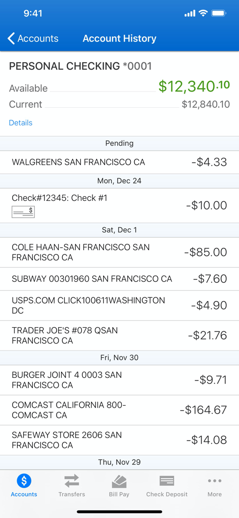 Pantalla de historial de cuentas de la aplicación móvil People First FCU que muestra el saldo de la cuenta corriente personal y las transacciones recientes.