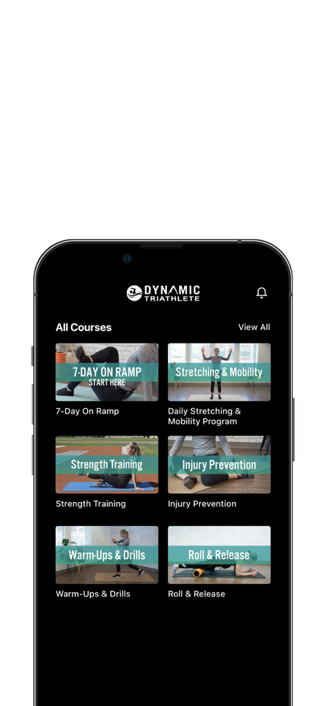 Dynamic Triathlete - Dynamic Triathlete mobile app interface displaying training course categories like Stretching Mobility Strength Training and Injury Prevention