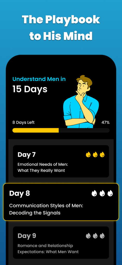 男性心理と関係コミュニケーションを理解するための15日間のカリキュラムを示す「彼の心を読むプレイブック」というタイトルのモバイルアプリインターフェース。